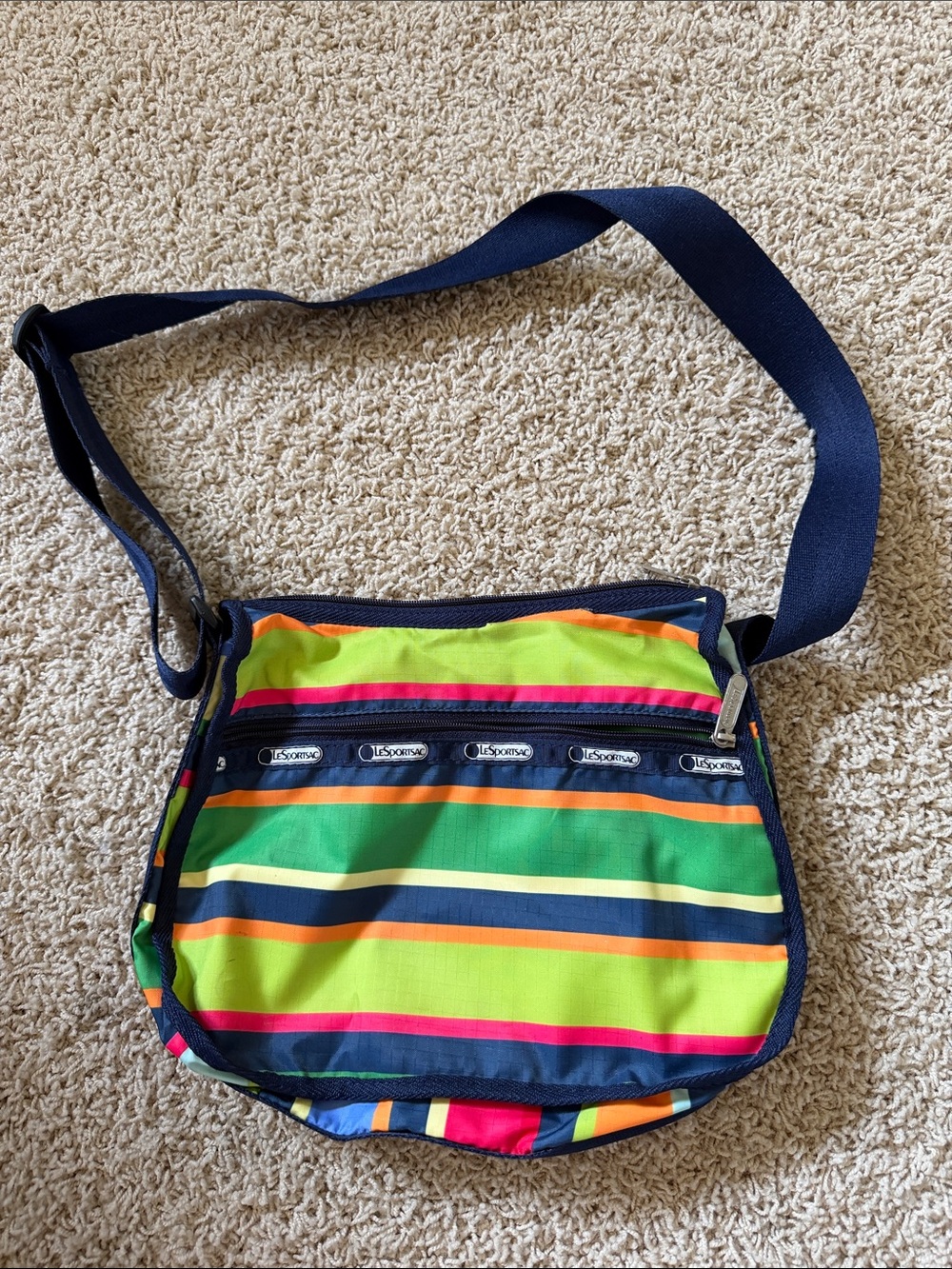 Lesportsac Neon Multicolor Striped Crossbody Bag with Navy Trim